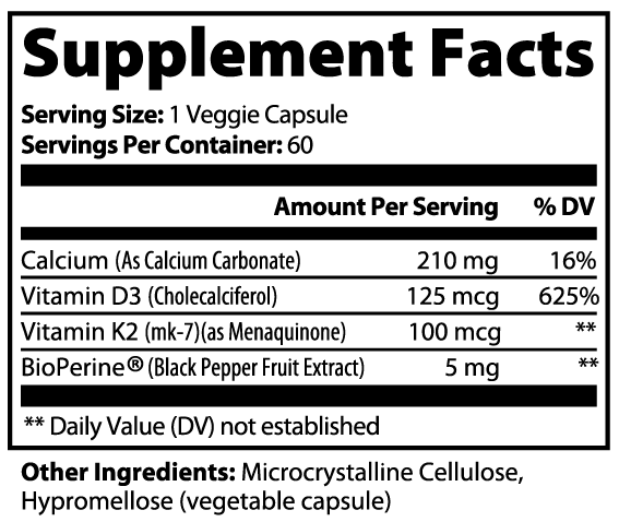 Bone & Nutrient Formula Calcium Vitamin D3 Vitamin K2 & BioPerine | 60 Capsules