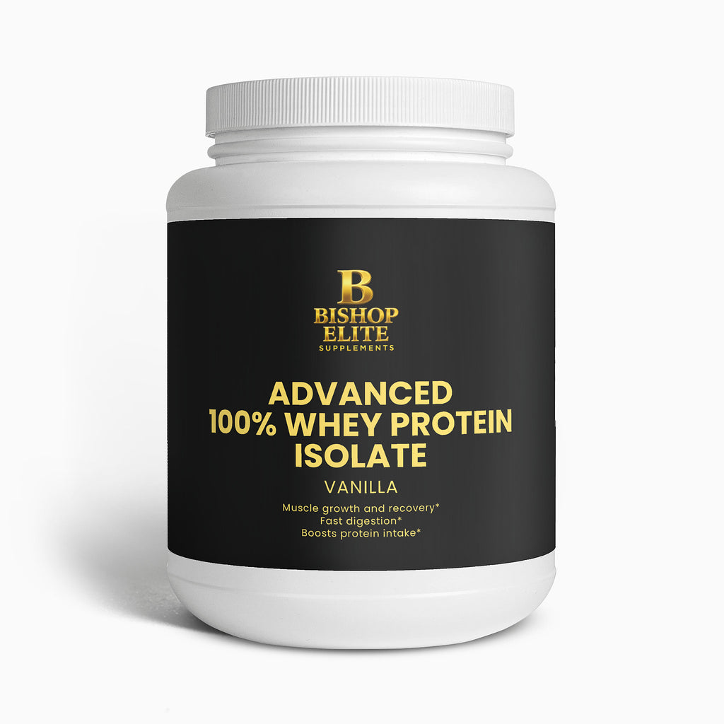 Vanilla whey protein isolate powder in an 805 g container with clean, modern packaging.   | Bishop Elite Supplements