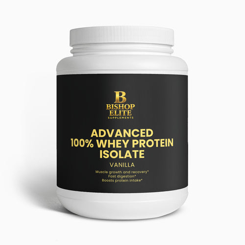 Vanilla whey protein isolate powder in an 805 g container with clean, modern packaging.   | Bishop Elite Supplements