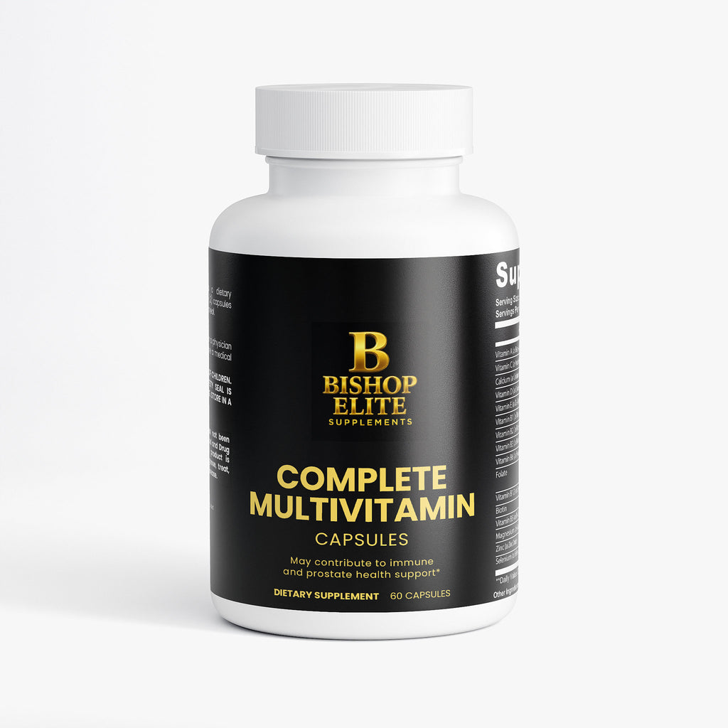  Complete Multivitamin capsules in a clean, modern bottle.  |Bishop Elite Supplements