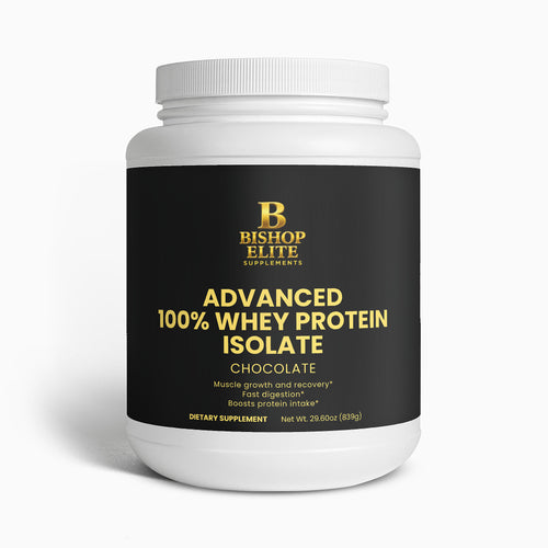  Chocolate whey protein isolate powder in an 805 g container with clean, modern packaging.  | Bishop Elite Supplements