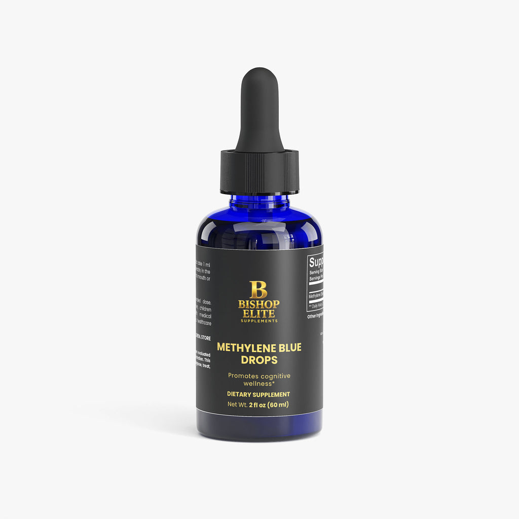  Methylene Blue liquid drops in a clean, modern bottle.  Bishop Elite Support