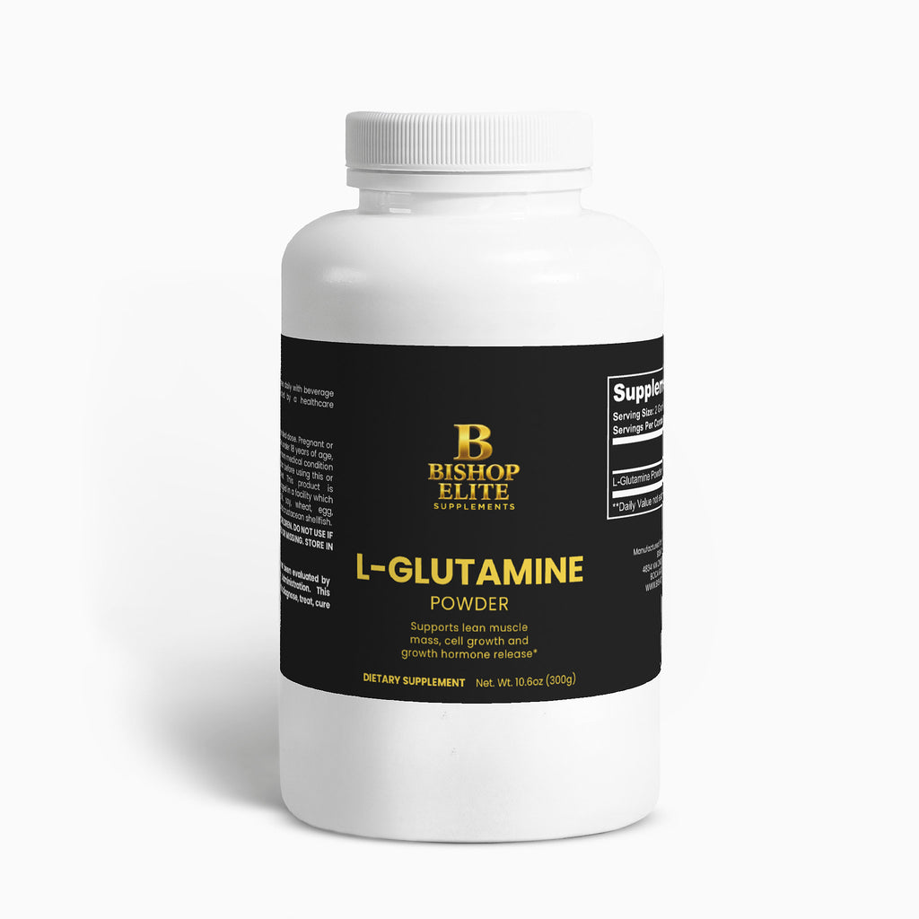 Unflavored L‑Glutamine powder in a clean, minimalist container.   | Bishop Elite Supplements.