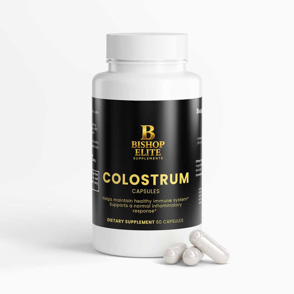 Bovine Colostrum 500 mg standardized to 30% IgG. Nutrient-dense daily wellness capsules with naturally occurring bioactive compounds. | Bishop Elite Supplements.
