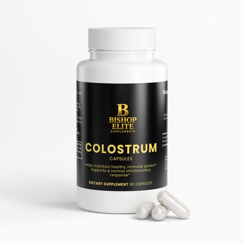 Bovine Colostrum 500 mg standardized to 30% IgG. Nutrient-dense daily wellness capsules with naturally occurring bioactive compounds. | Bishop Elite Supplements.