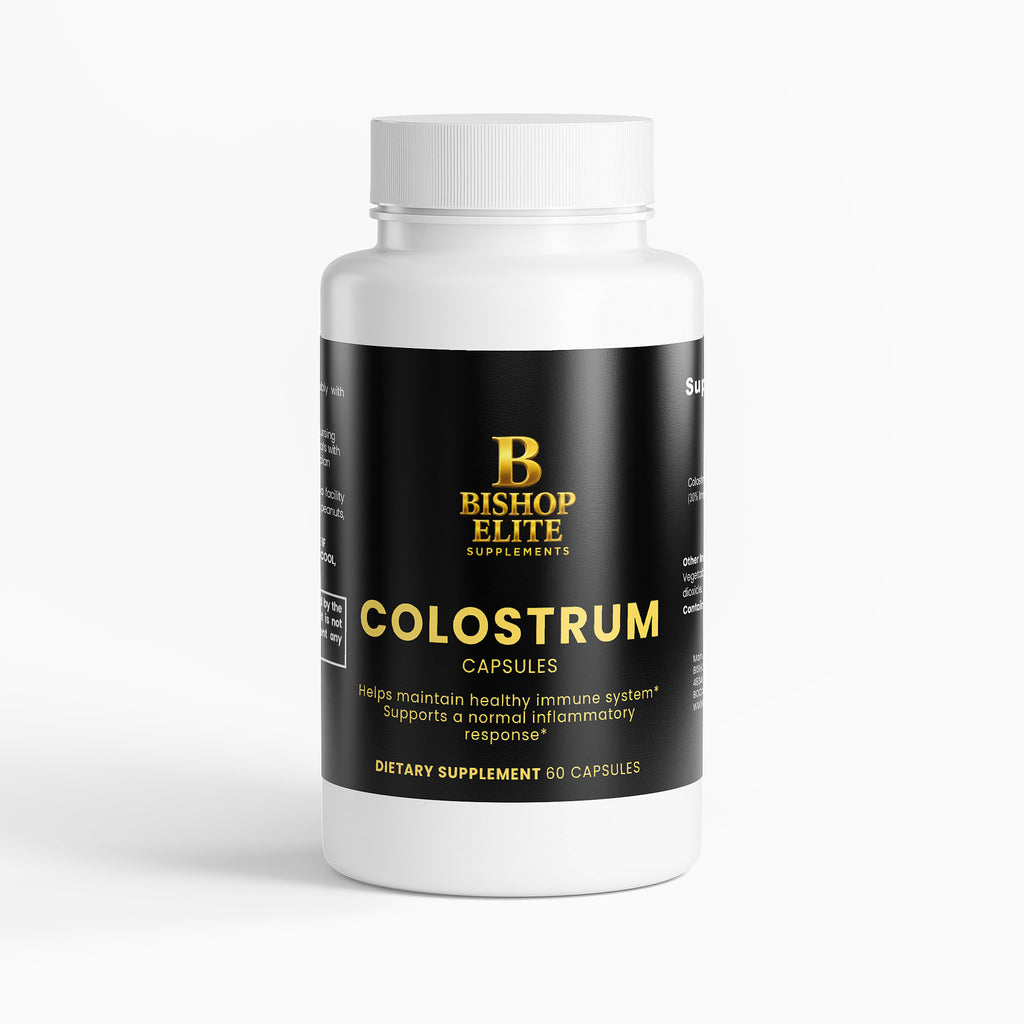 Bovine colostrum 500 mg capsules in a clean bottle with minimalist packaging.    Bishop Elite Supplements