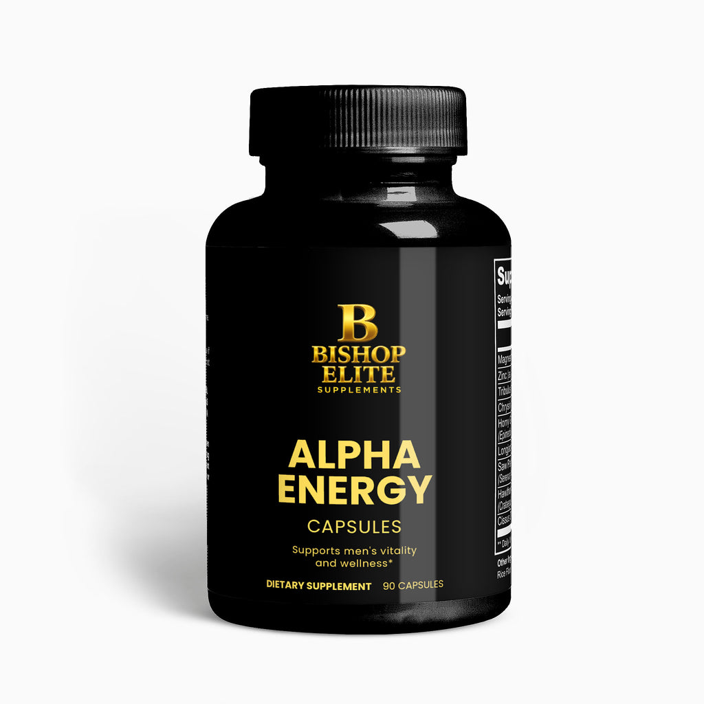 Alpha Energy Botanical Blend capsules in a clean, modern bottle.  |  Bishop Elite Supplements