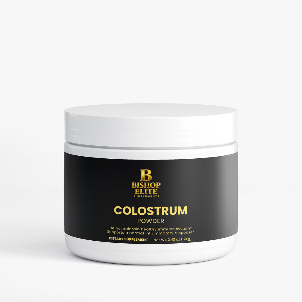 Colostrum powder in a clean, minimalist container. Bishop Elite Supplements 