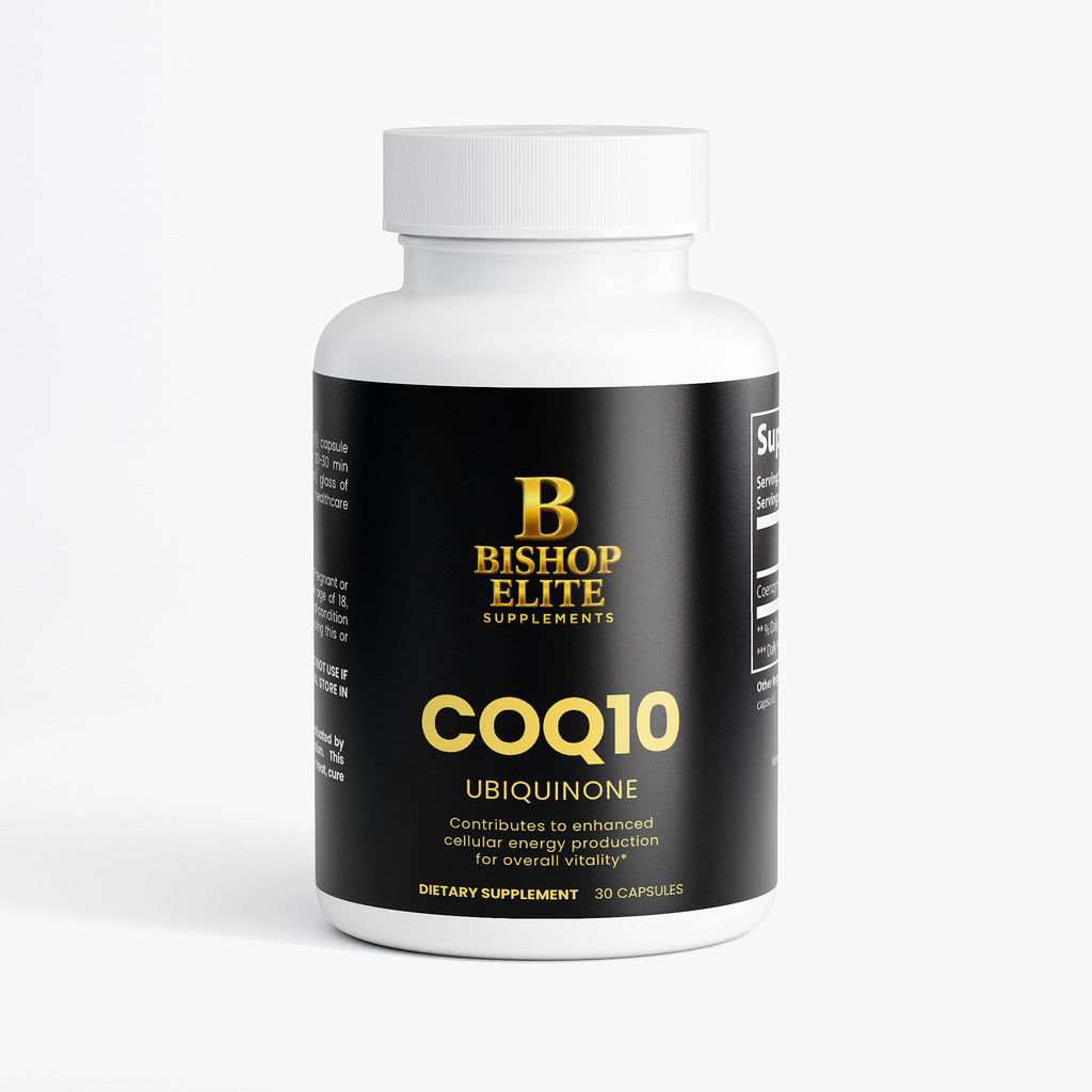 CoQ10 Ubiquinone capsules in a clean, minimalist bottle. Bishop Elite Supplements 