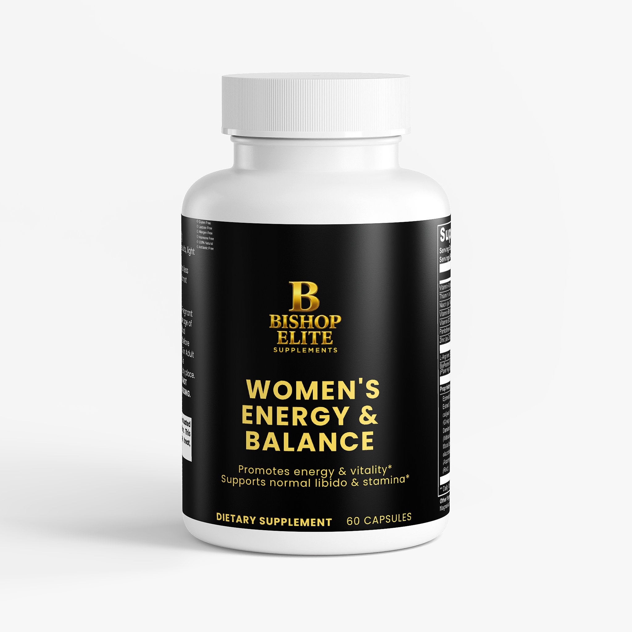   Women’s botanical wellness supplement in a clean 60‑capsule bottle . Bishop Elite Supplements.