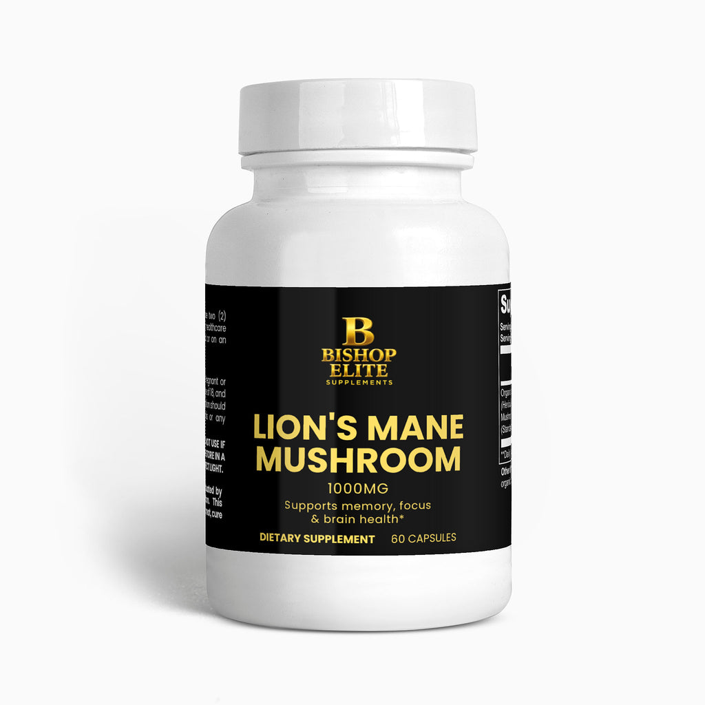 Organic Lion’s Mane Mushroom supplement in a clean 60‑capsule botte . Bishop Elite Supplements