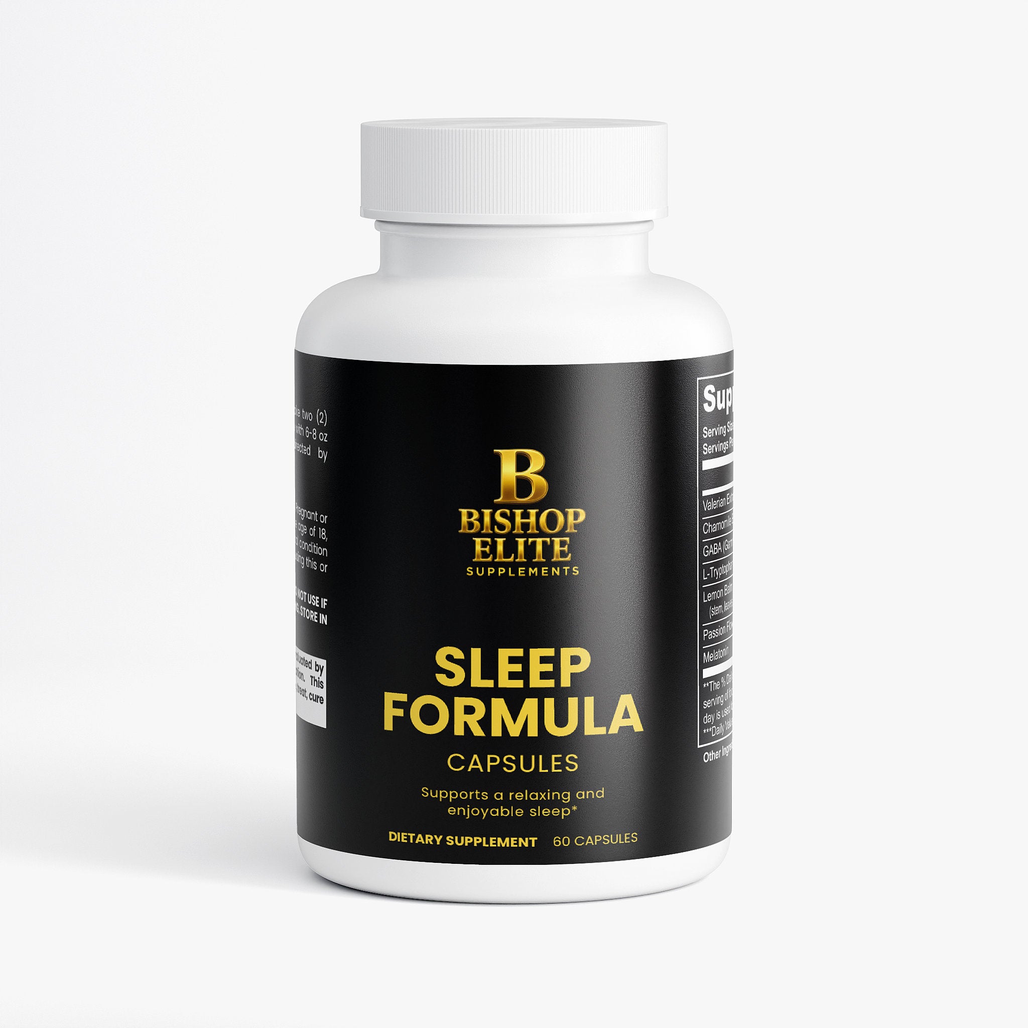Sleep Formula- nighttime botanical blend with Valerian, Chamomile lemon balm, passionflower, GABA, Tryptophan. | Bishop Elite Supplements.