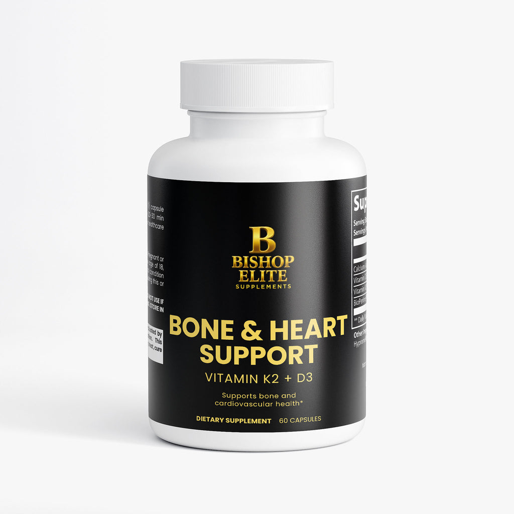 Bone and heart formula supplement in a clean 60‑capsule bottle with simple, modern packaging. Bishop Elite Supplements 