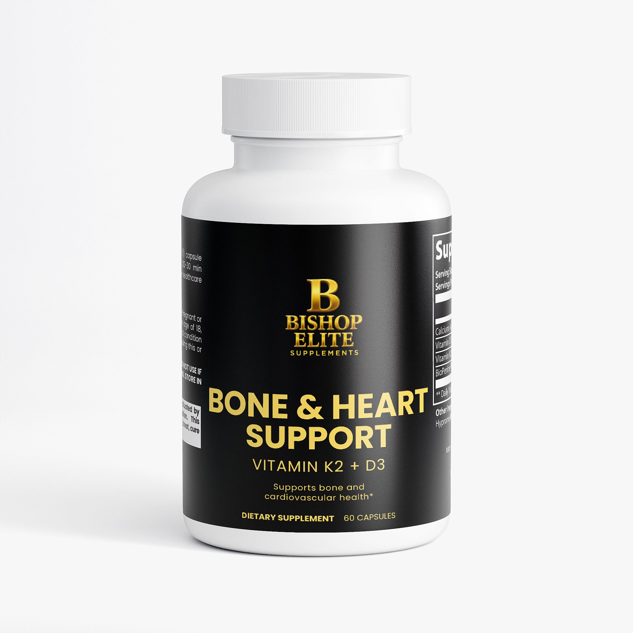 Bone and heart formula supplement in a clean 60‑capsule bottle with simple, modern packaging. Bishop Elite Supplements 