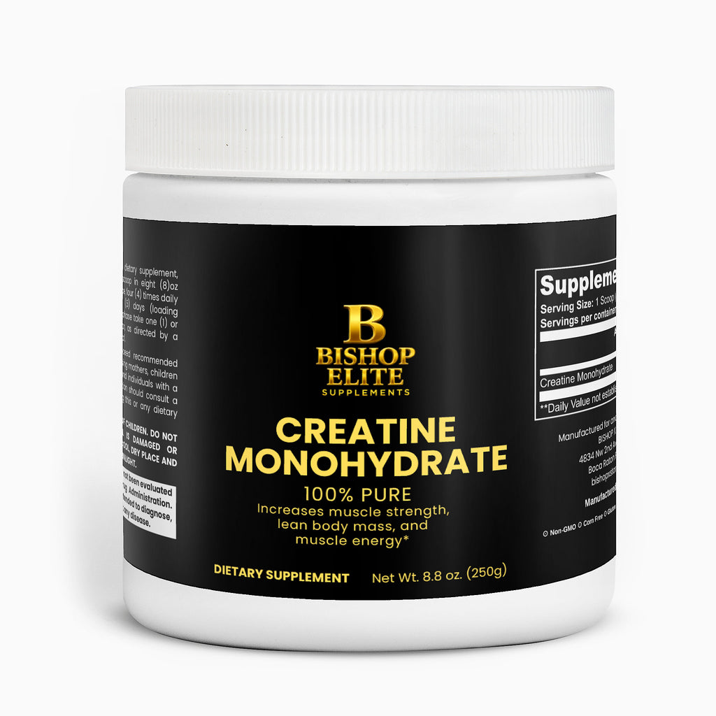  Pure creatine monohydrate powder in a clean, minimalist container.    | Bishop Elite Supplements