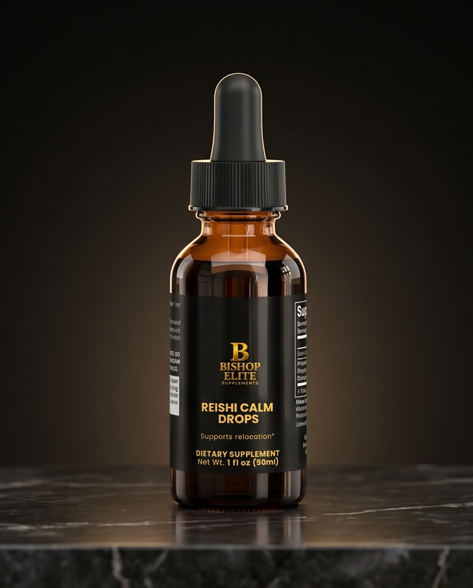 Bottle of Bishop Elite Reishi Calm Drops on a dark background. Bishop Elite Supplements 