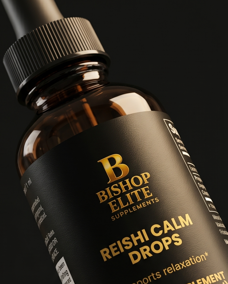 Bottle of Bishop Elite Reishi Calm Drops on a black background.  Bishop Elite Supplements 