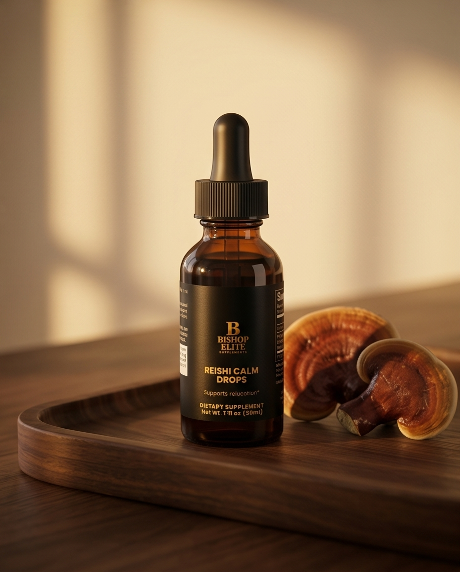 Bottle of Reishi Calm Dropper on a wooden tray with mushrooms in the background.  Bishop Elite Supplements 