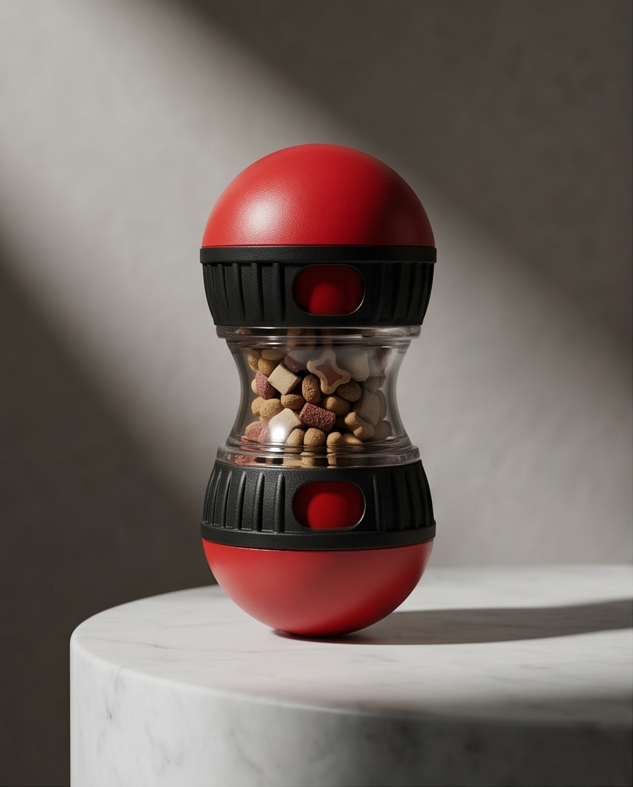 Red and black pet toy on a marble surface with a gray background.  Bishop x