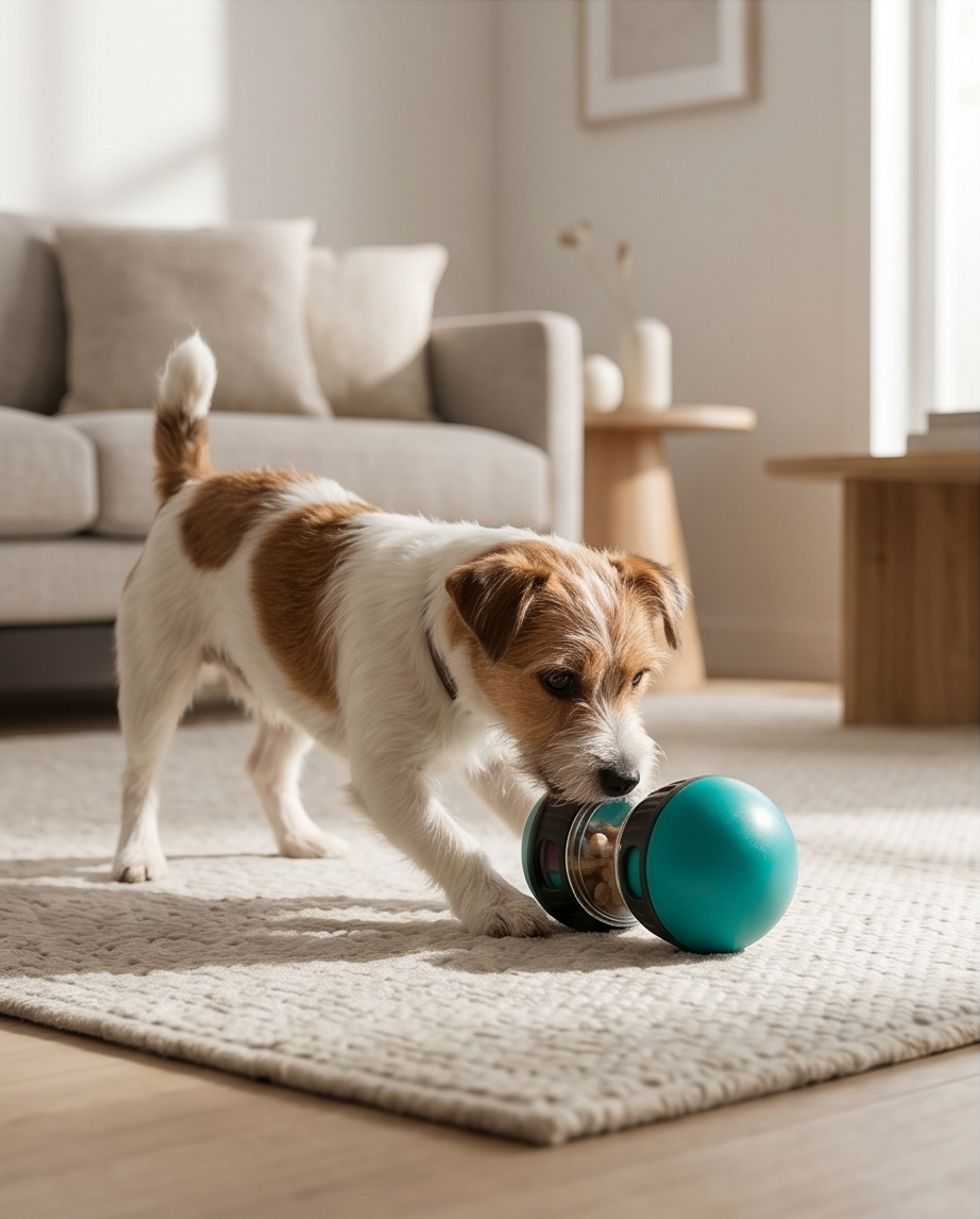 Dog playing with a blue and black toy on a carpeted floor in a living room. Bishop X 