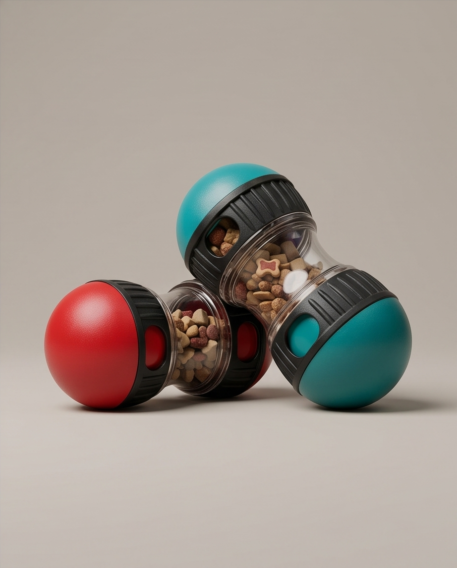 Three spherical pet toys with transparent centers filled with treats on a beige background.  Bishop x