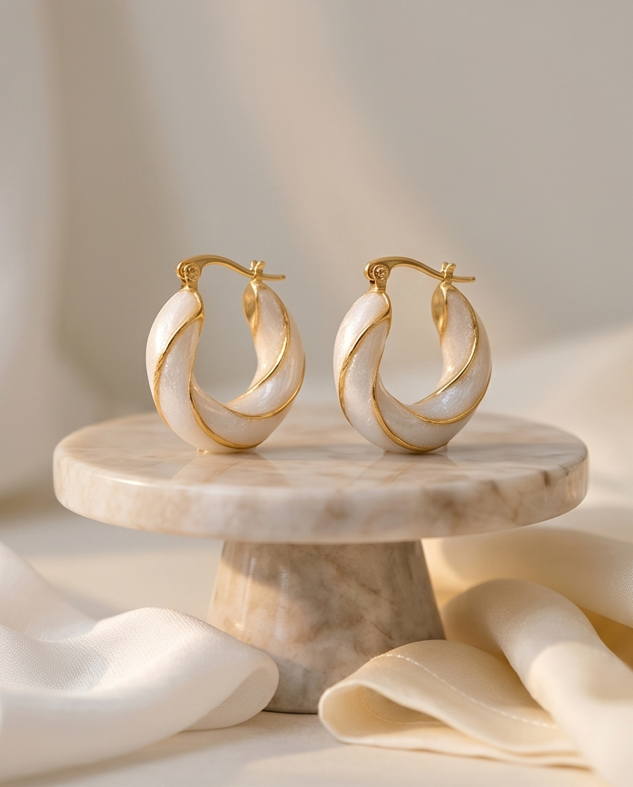 Pair of gold and white hoop earrings on a marble stand with soft beige background.bishop x