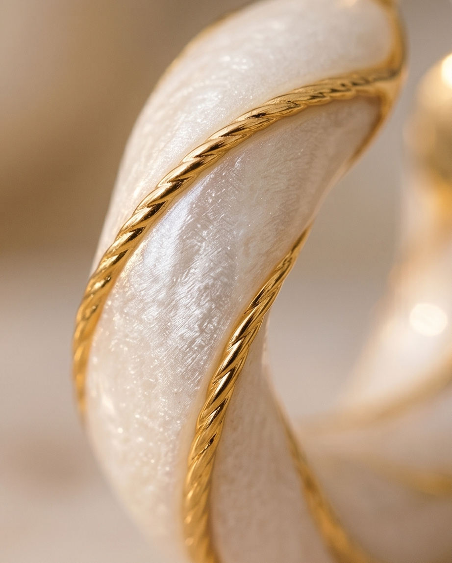 Close-up of a gold ring on a textured beige background.bishop x