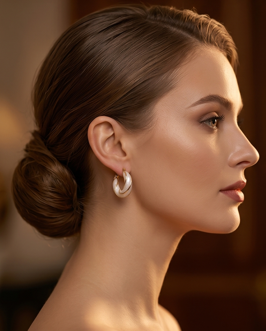 Woman with styled hair and hoop earrings against a blurred background.Bishop x