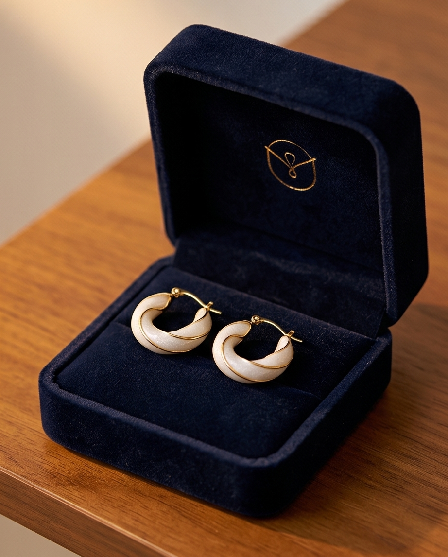 Pair of gold hoop earrings in a black velvet jewelry box on a wooden surface.bishop x