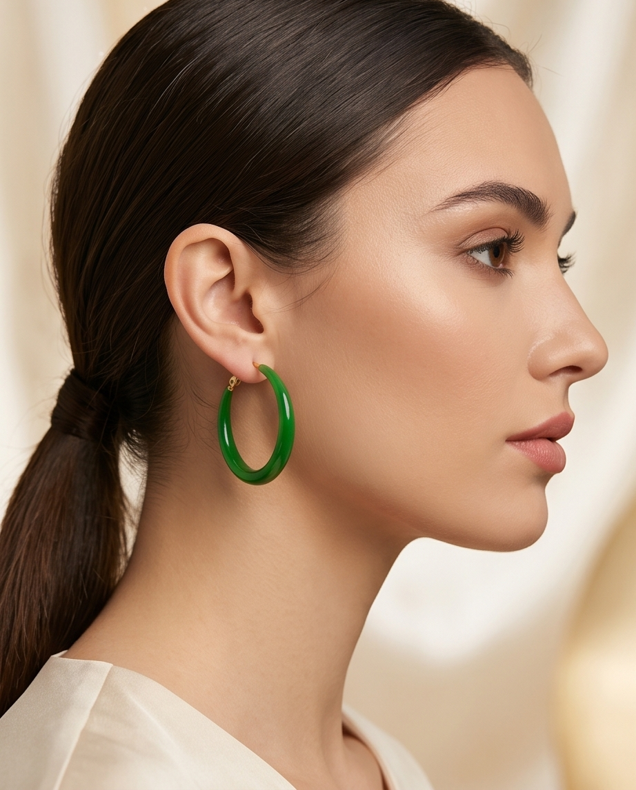 Woman wearing a green hoop earring against a neutral background.Bishop X