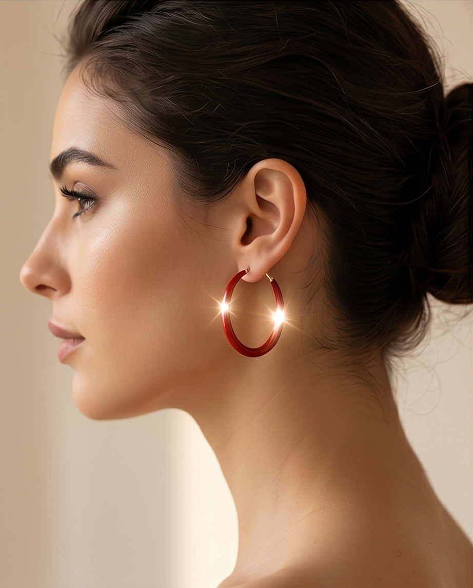 Woman wearing red hoop earrings with a neutral background.bishop x