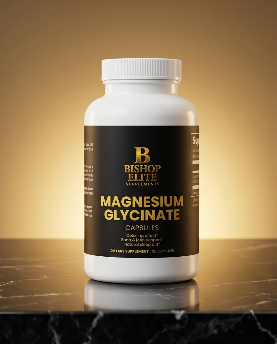 Supplement bottle labeled 'Bishop Elite' with 'Magnesium Glycinate' on a reflective surface and gold gradient background. Bishop Elite Supplements 