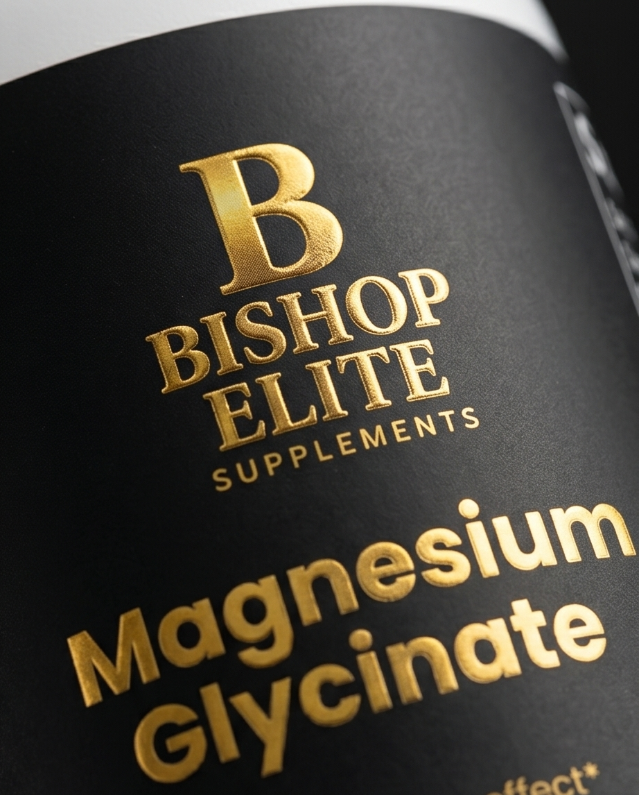 Bishop Elite Supplements Magnesium Glycinate packaging with gold text on a black background . Bishop Elite Supplements 