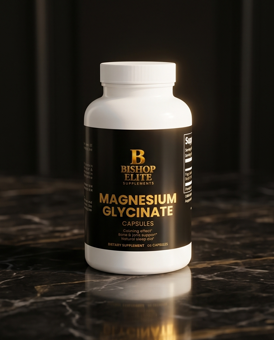 Bottle of Bishop Elite Magnesium Glycinate on a dark marble surface.  Bishop Elite Supplements 