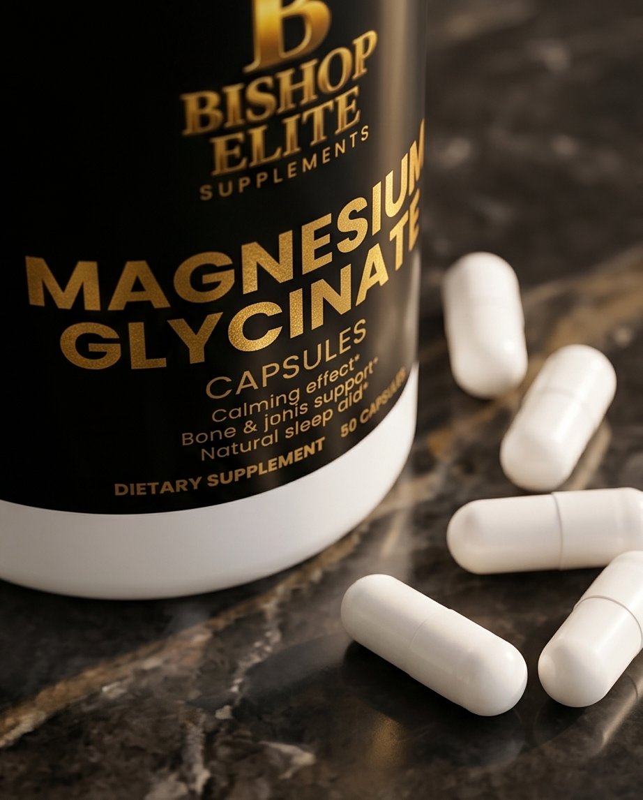 Bishop Elite Magnesium Glycinate capsules on a dark surface.  Bishop Elite Supplements 