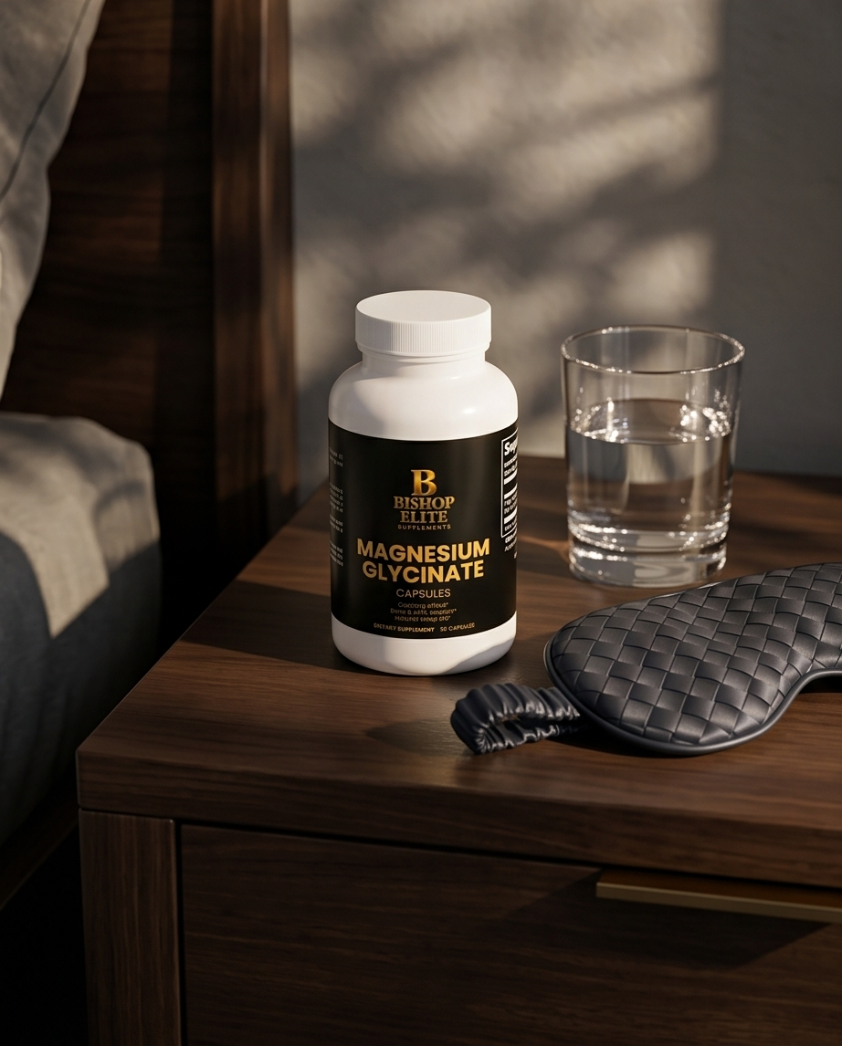 Bottle of Bishop Wellness Magnesium Glycinate on a nightstand with a glass of water and hot water bottle. Bishop Elite Supplements 