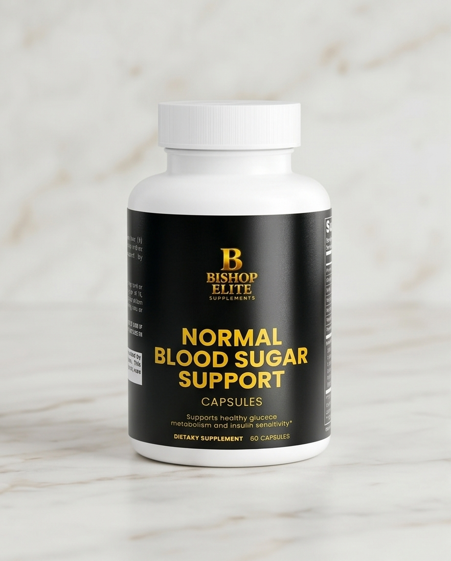 Supplement bottle labeled 'Normal Blood Sugar Support' by Bishop Elite on a marble surface. Bishop Elite Supplements 