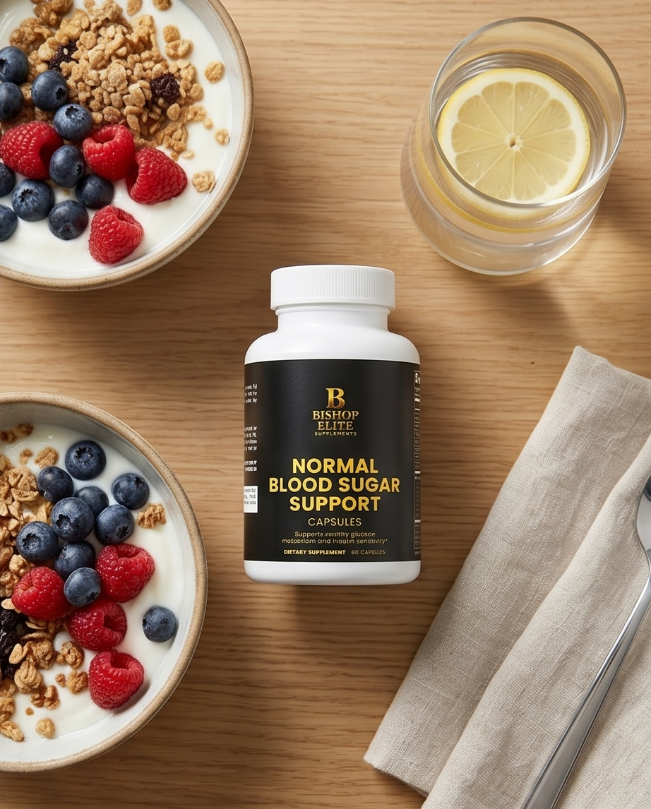 Supplement bottle labeled 'Normal Blood Sugar Support' on a wooden table with bowls of yogurt and berries. Bishop Elite Supplements 