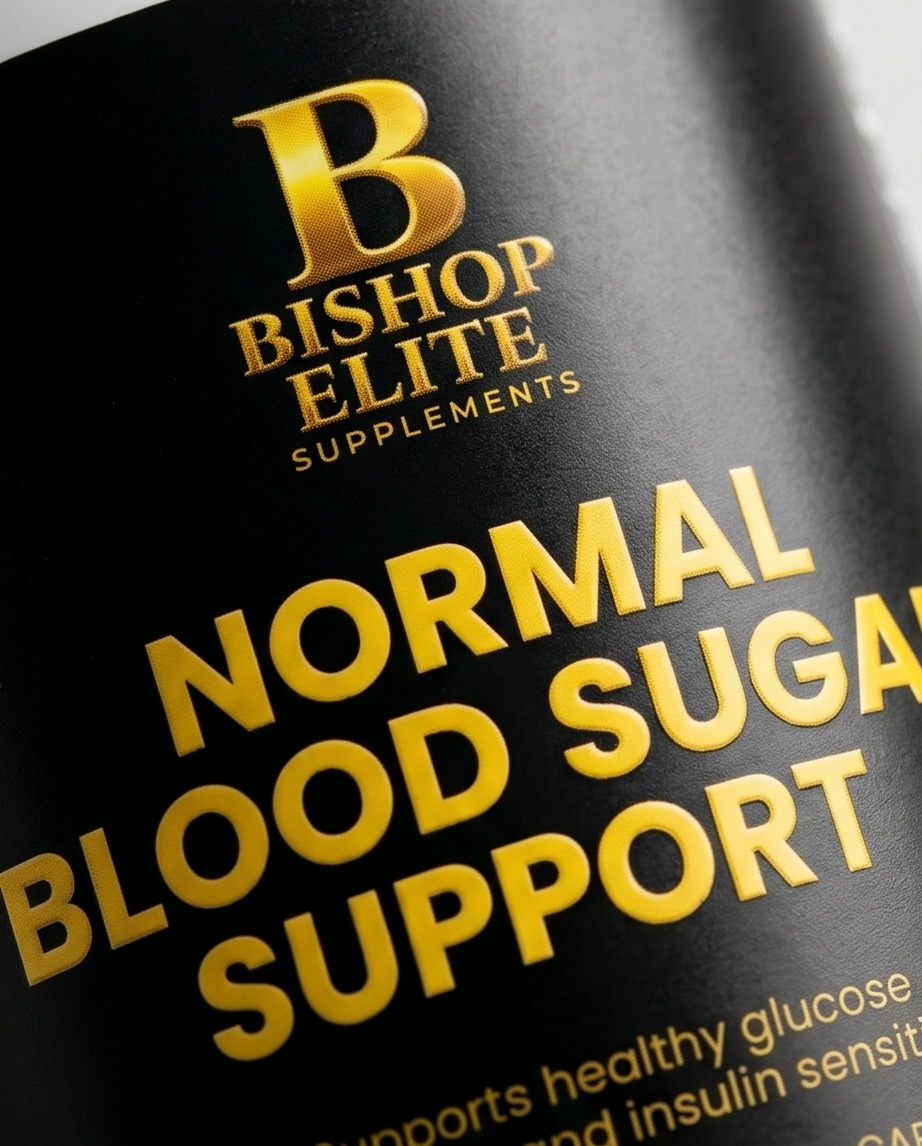 Bishop Elite Supplements packaging with gold text on a black background. Bishop Elite Supplements 