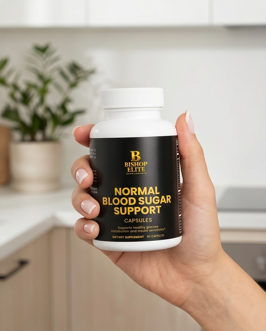 Hand holding a supplement bottle labeled 'Normal Blood Sugar Support' in a kitchen setting. Bishop Elite Supplements 