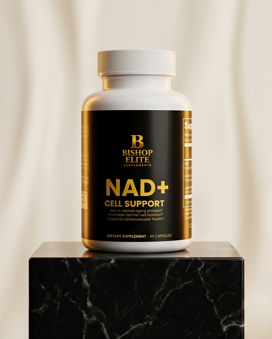 Supplement bottle labeled 'NAD+ Cell Support' by Biotrop Elite on a black marble stand with a neutral background.  Bishop Elite Supplements 