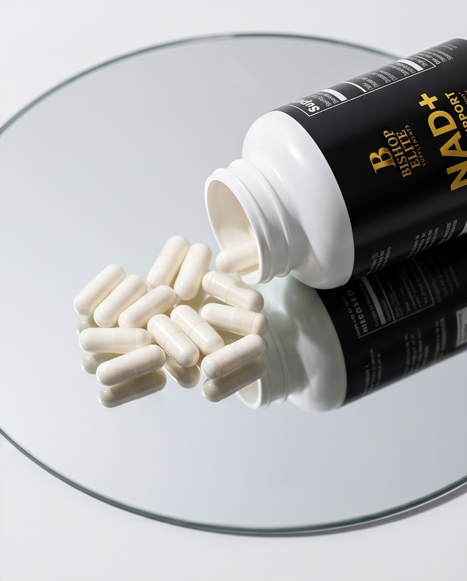 Supplement bottle with white capsules on a clear surface.  Bishop Elite Supplements 