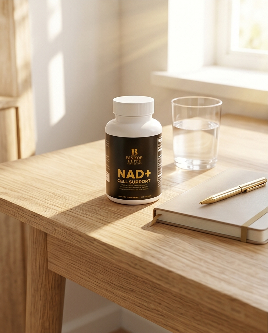 Supplement bottle labeled 'NAD+ Cell Support' on a wooden desk with a glass of water and notebook..  bishop Elite Supplements 