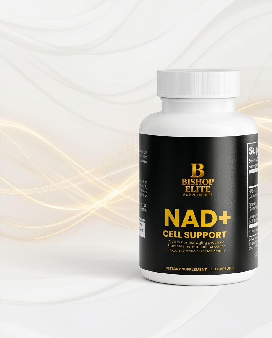 Bottle of Bishop Elite NAD+ Cell Support supplement on a white background. Bishop Elite Supplements 