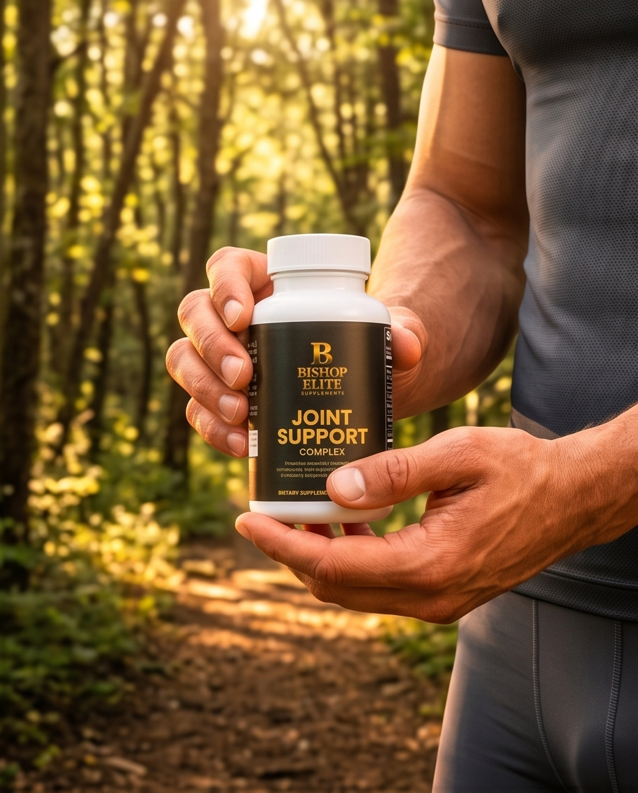 Person holding a bottle of Bishop Elite Joint Support Complex in a forest setting bishop Elite Supplements 