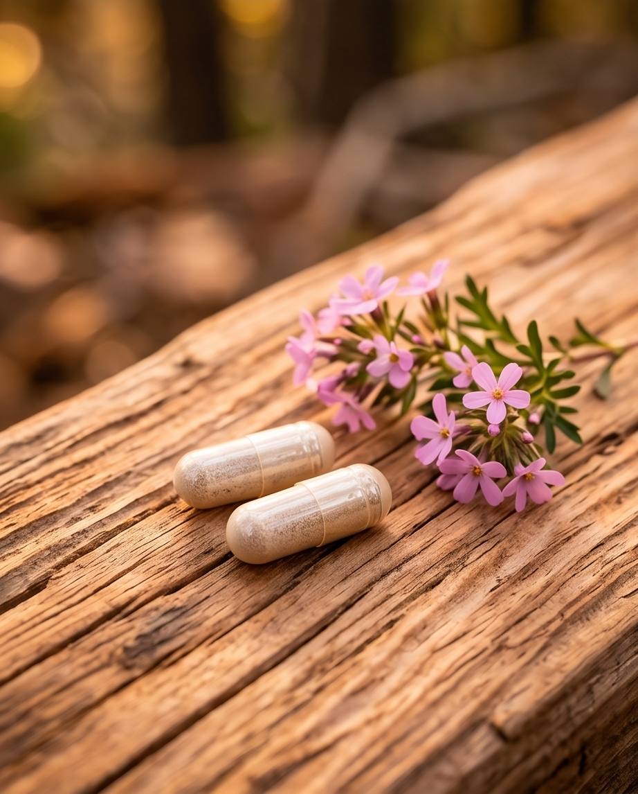 Two white capsules and a small pink flower on a wooden surface with a blurred natural background bishop Elite Supplements 