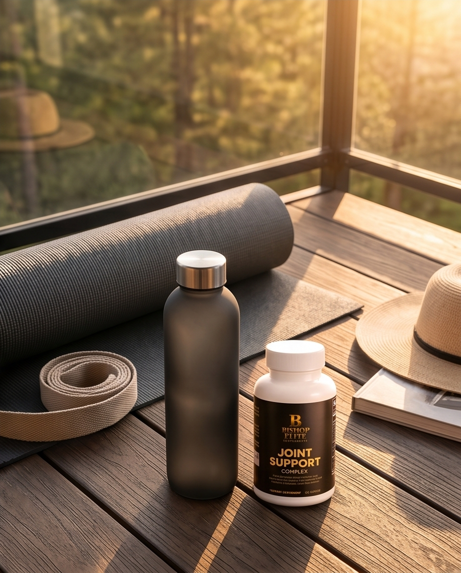 Joint support supplement bottle, water bottle, and yoga mat on a wooden deck with a scenic background. Bishop Elite Supplements 