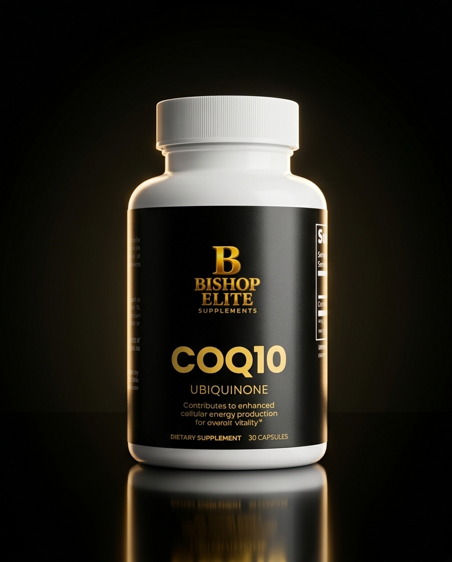 Supplement bottle labeled 'Bishop Elite Supplements COQ10 Ubiquinone' on a black background.  Bishop Elite Supplements 