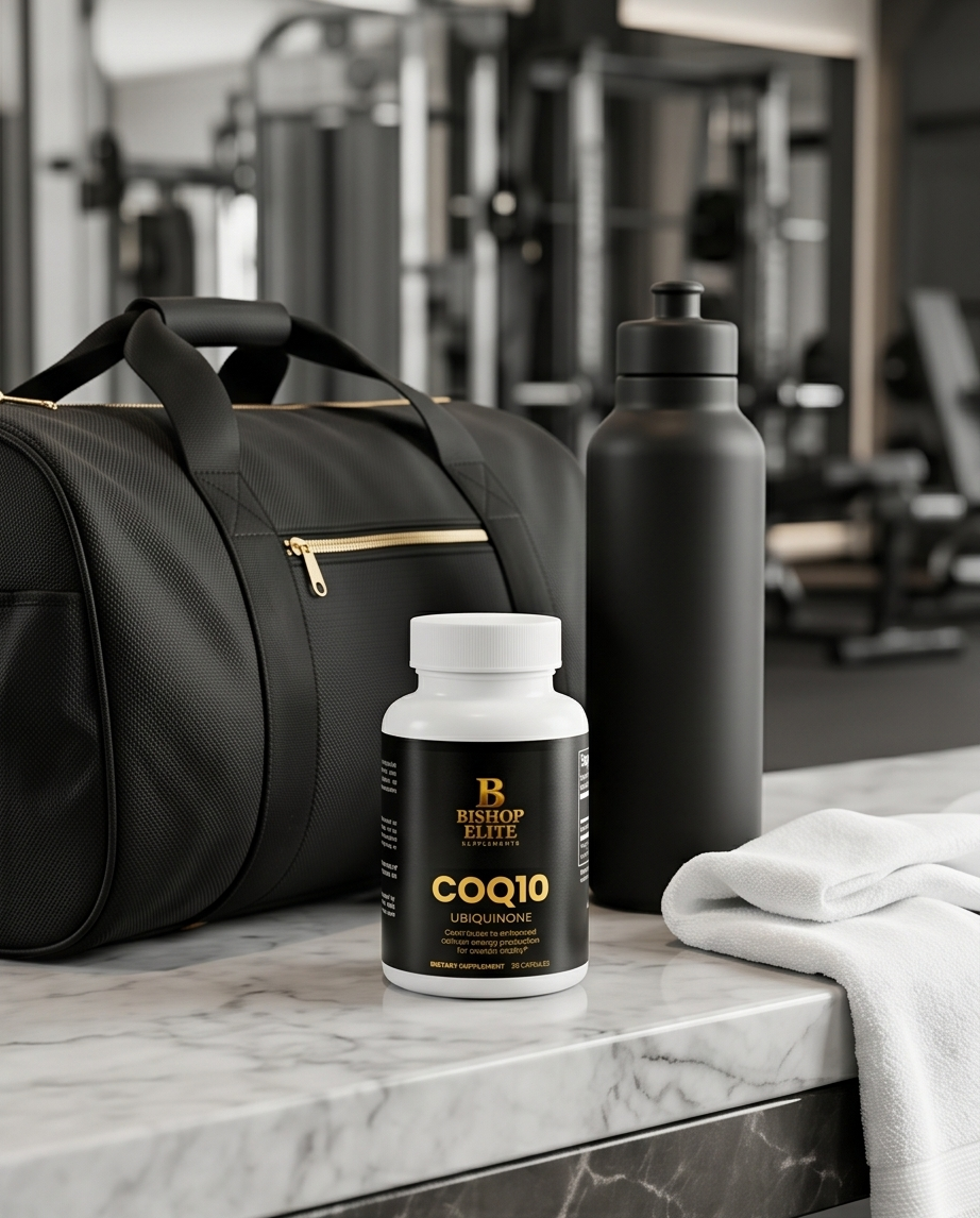 Supplement bottle labeled 'Biotics Elite COQ10' on a marble surface with a black duffel bag and water bottle in a gym setting..  bishop Elite Supplements 