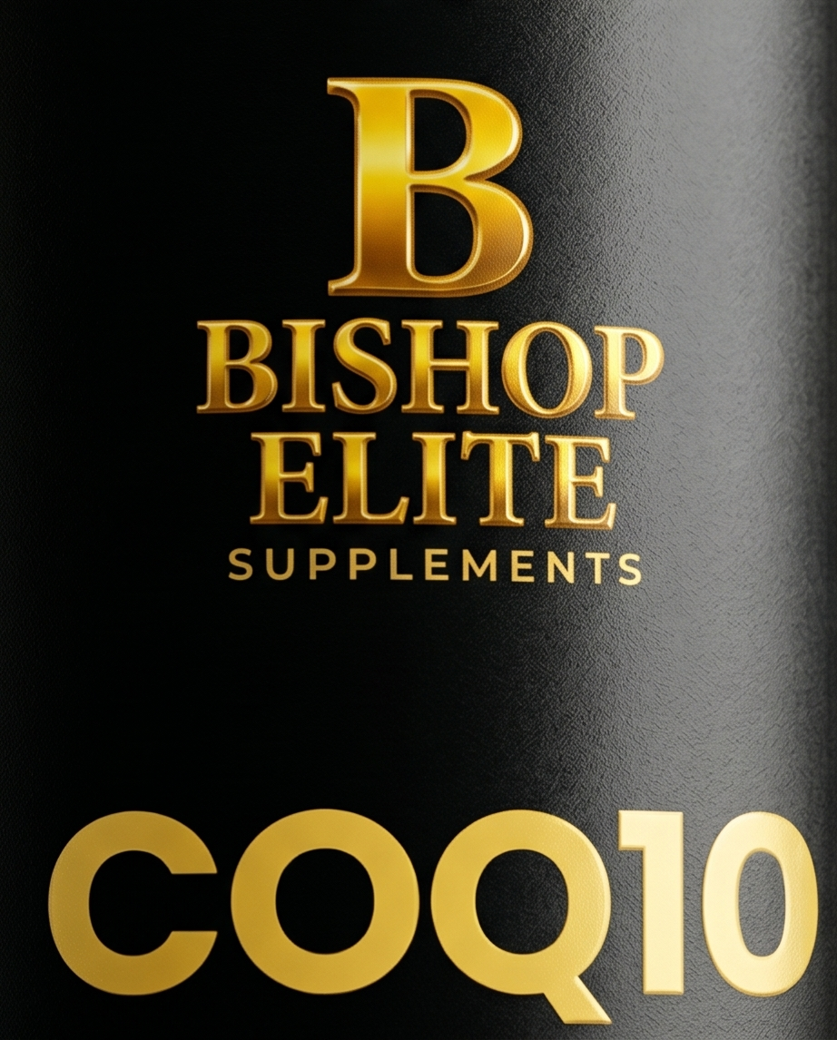 Bishop Elite Supplements COQ10 supplement bottle with gold text on a black background.  Bishop Elite Supplements 